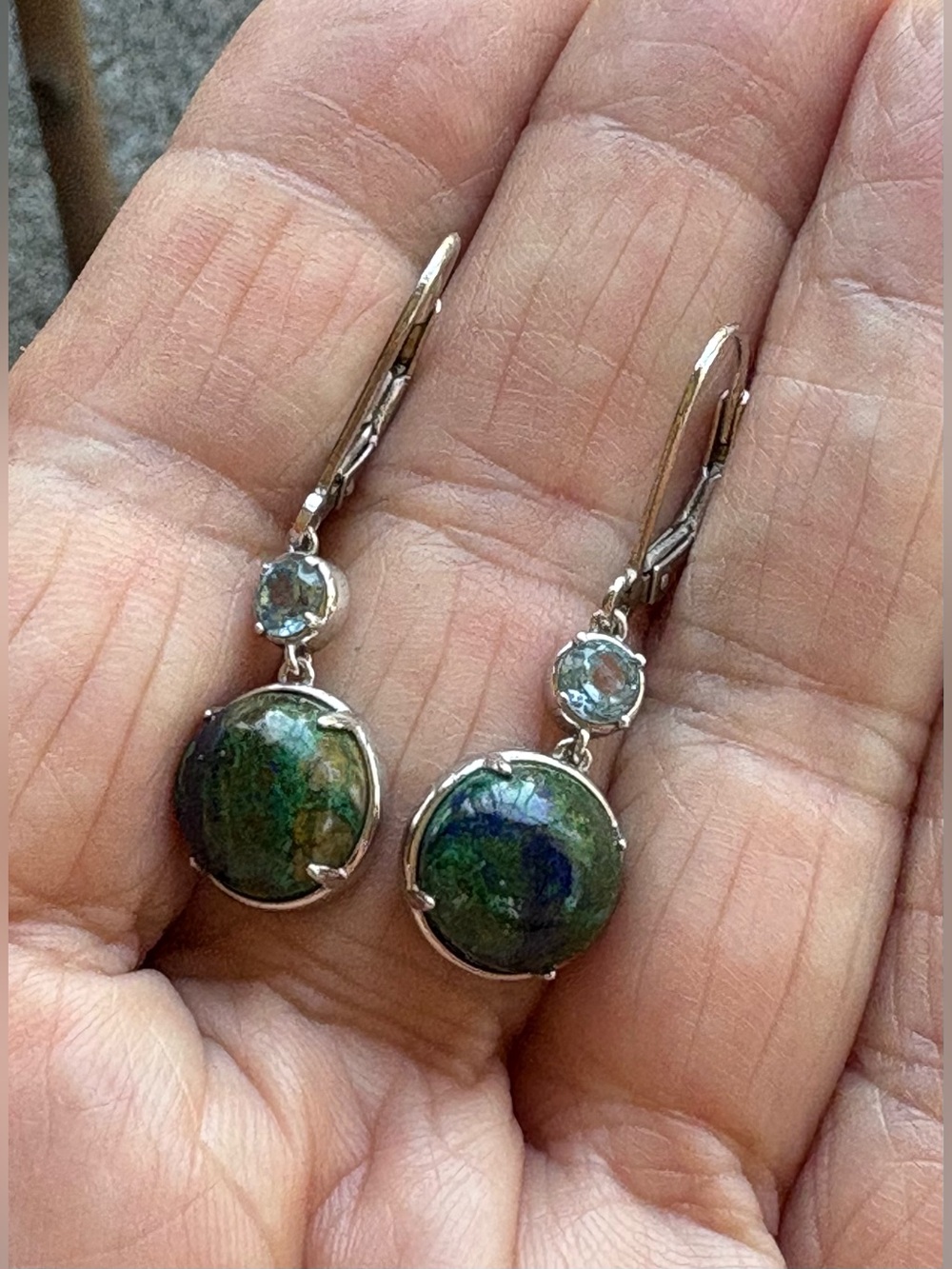 Unique Azurite & Blue Topaz sterling silver leverback earrings